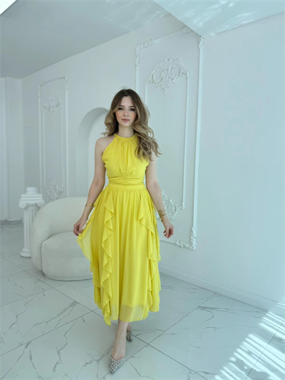 Önü Büzgülü Eteği Fırfırlı Sarı Şifon Elbise