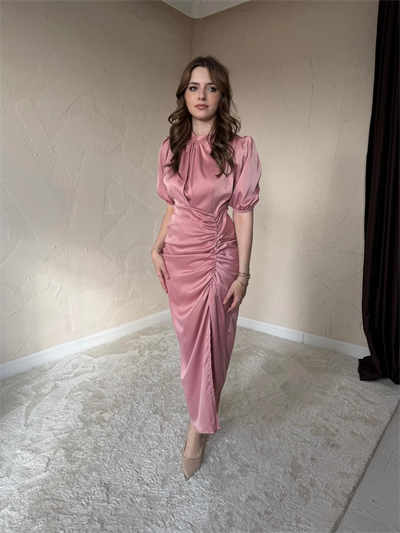 Önü Büzgülü Saten Gül Kurusu Elbise