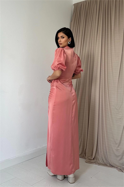 Önü Büzgülü Saten Gül Kurusu Elbise