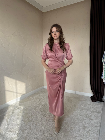 Önü Büzgülü Saten Gül Kurusu Elbise