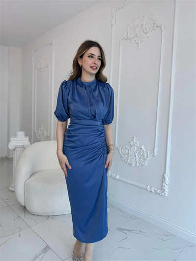 Önü Büzgülü Saten İndigo Elbise