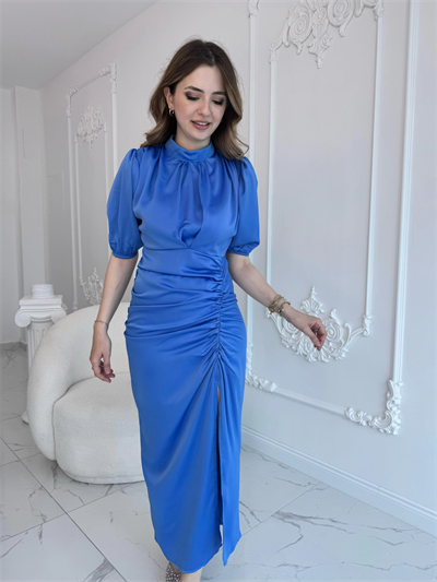 Önü Büzgülü Saten Mavi Elbise
