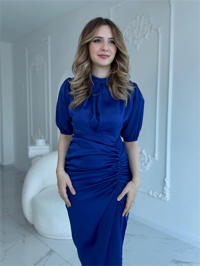 Önü Büzgülü Saten Saks Elbise