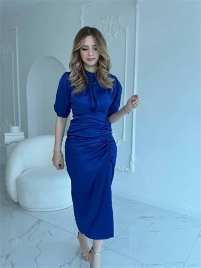 Önü Büzgülü Saten Saks Elbise
