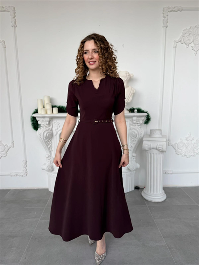 Özel Kol Tasarımlı Kemerli V Yaka Mürdüm Elbise