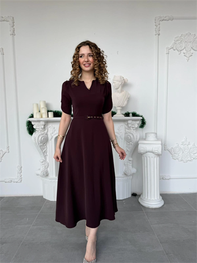 Özel Kol Tasarımlı Kemerli V Yaka Mürdüm Elbise