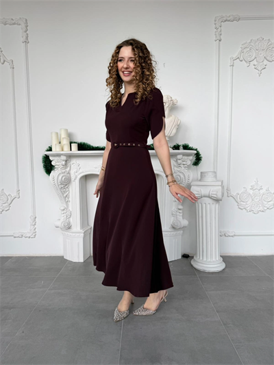 Özel Kol Tasarımlı Kemerli V Yaka Mürdüm Elbise