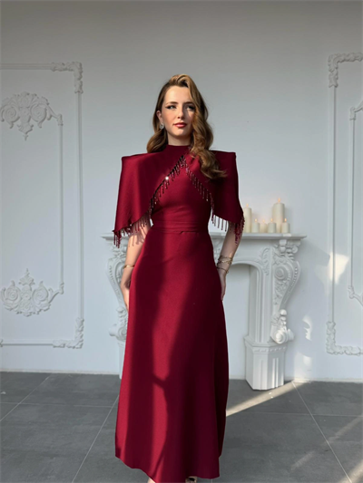 Özel Tasarım Taş İşleme Detaylı Bordo Abiye Elbise