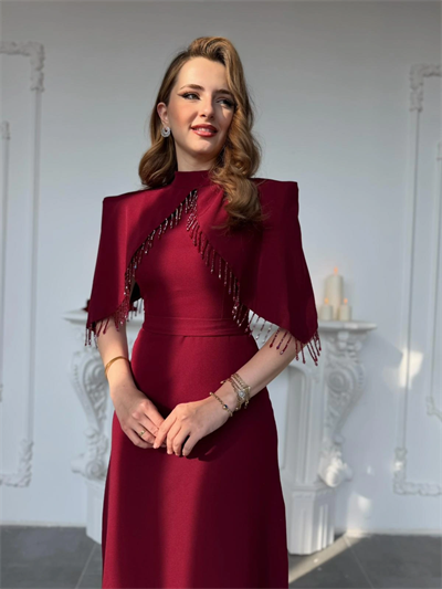 Özel Tasarım Taş İşleme Detaylı Bordo Abiye Elbise