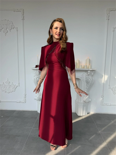 Özel Tasarım Taş İşleme Detaylı Bordo Abiye Elbise