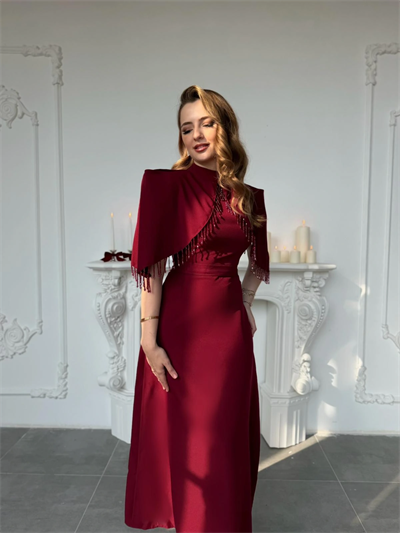 Özel Tasarım Taş İşleme Detaylı Bordo Abiye Elbise