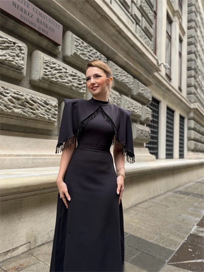 Özel Tasarım Taş İşleme Detaylı Siyah Abiye Elbise