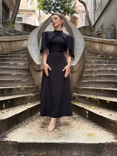 Özel Tasarım Taş İşleme Detaylı Siyah Abiye Elbise