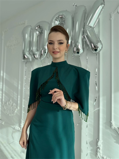 Özel Tasarım Taş İşleme Detaylı Zümrüt Abiye Elbise