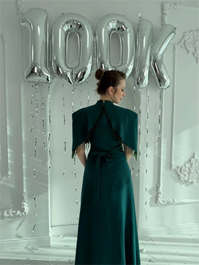 Özel Tasarım Taş İşleme Detaylı Zümrüt Abiye Elbise