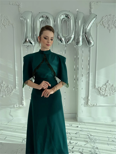 Özel Tasarım Taş İşleme Detaylı Zümrüt Abiye Elbise