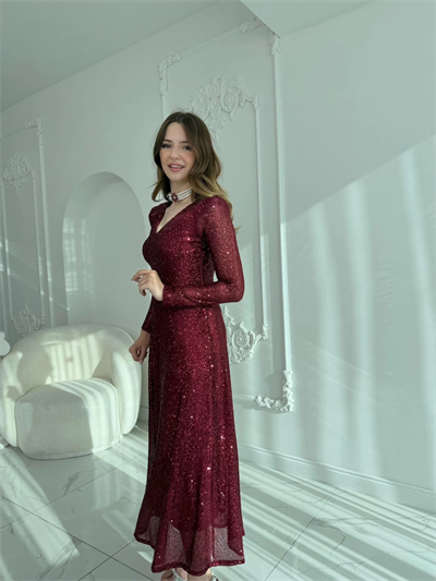 Parla Bordo Pul Parıltılı Midi Boy Elbise