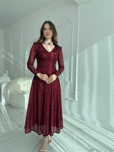 Parla Bordo Pul Parıltılı Midi Boy Elbise