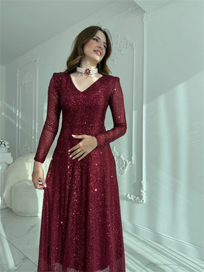 Parla Bordo Pul Parıltılı Midi Boy Elbise
