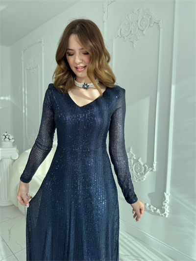 Parla Lacivert Pul Parıltılı Midi Boy Elbise