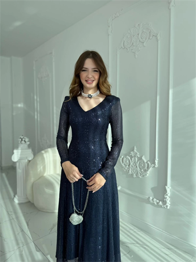 Parla Lacivert Pul Parıltılı Midi Boy Elbise