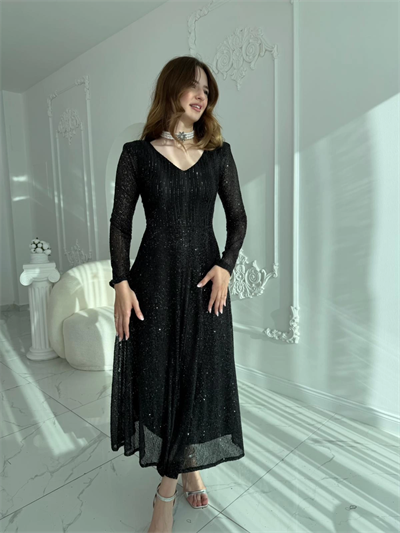 Parla Siyah Pul Parıltılı Midi Boy Elbise