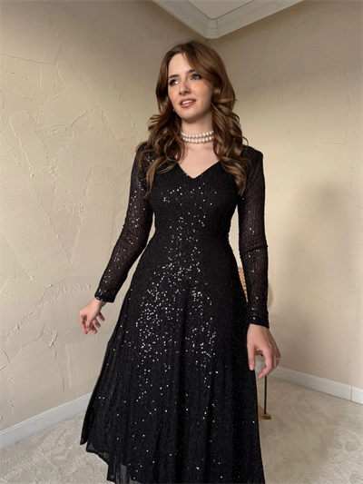 Parla Siyah Pul Parıltılı Midi Boy Elbise