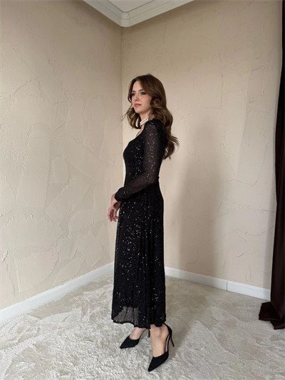 Parla Siyah Pul Parıltılı Midi Boy Elbise