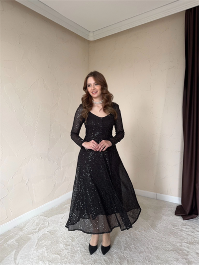 Parla Siyah Pul Parıltılı Midi Boy Elbise