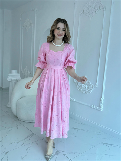 Pembe Kolu Lastikli Brode Prenses Elbise