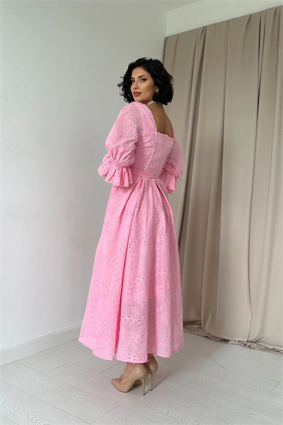 Pembe Kolu Lastikli Brode Prenses Elbise