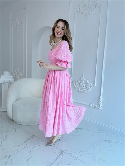 Pembe Kolu Lastikli Brode Prenses Elbise