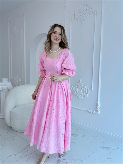 Pembe Kolu Lastikli Brode Prenses Elbise