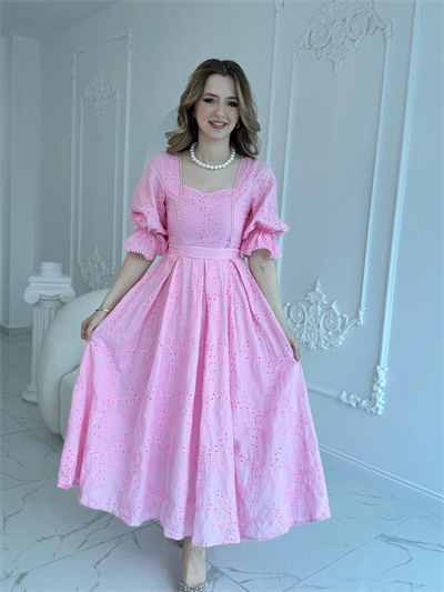Pembe Kolu Lastikli Brode Prenses Elbise