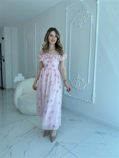 Pembe Şifon Kumaş Boyun Bağlama Detaylı Elbise