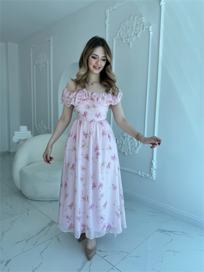 Pembe Şifon Kumaş Boyun Bağlama Detaylı Elbise