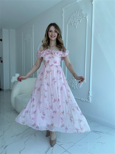 Pembe Şifon Kumaş Boyun Bağlama Detaylı Elbise