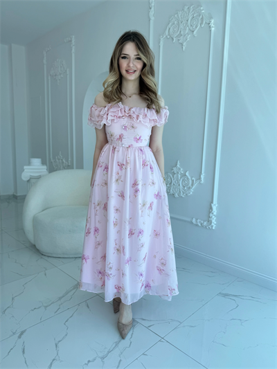 Pembe Şifon Kumaş Boyun Bağlama Detaylı Elbise