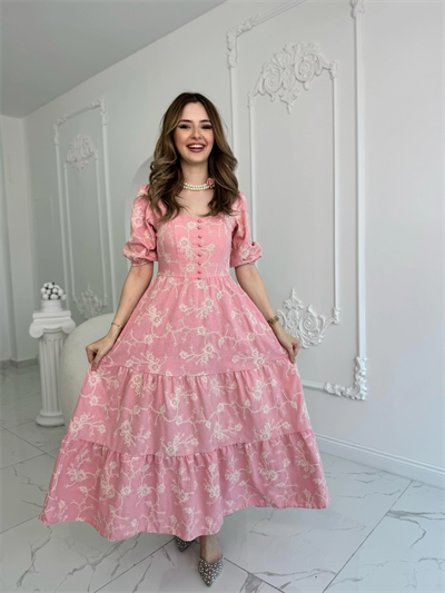 Pembe Süs Düğmeli Balon Kollu Brode Keten Elbise