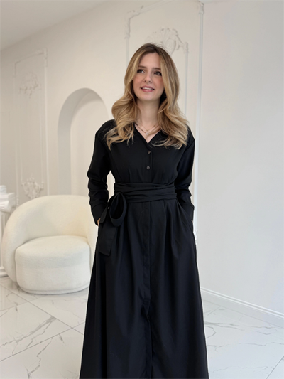 Pile Detaylı Kuşaklı Siyah Elbise