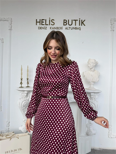 Retro Stil Bordo Saten Puantiyeli Midi Elbise