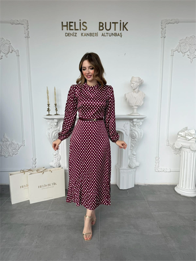 Retro Stil Bordo Saten Puantiyeli Midi Elbise