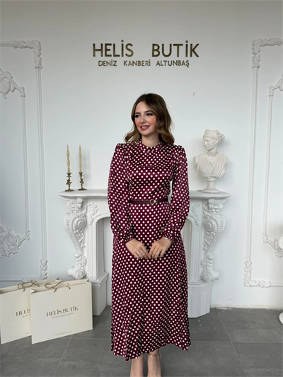 Retro Stil Bordo Saten Puantiyeli Midi Elbise
