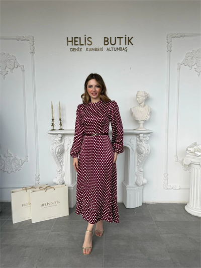 Retro Stil Bordo Saten Puantiyeli Midi Elbise