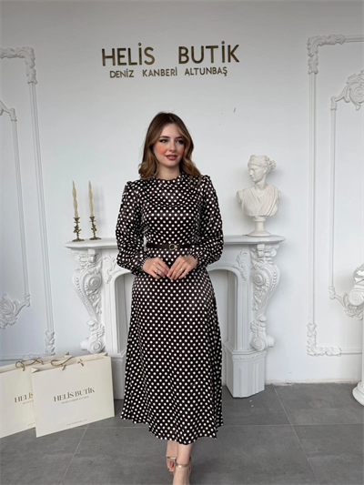 Retro Stil Kahve Saten Puantiyeli Midi Elbise