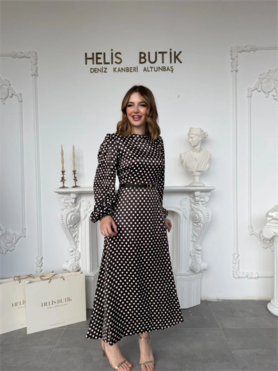 Retro Stil Kahve Saten Puantiyeli Midi Elbise