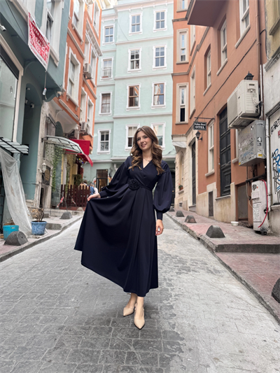 Rosa Lacivert Gül Kemer Detaylı Scuba Maxi Boy Elbise