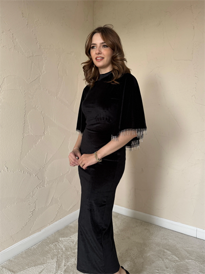 Şal Yaka Siyah Kadife Elbise