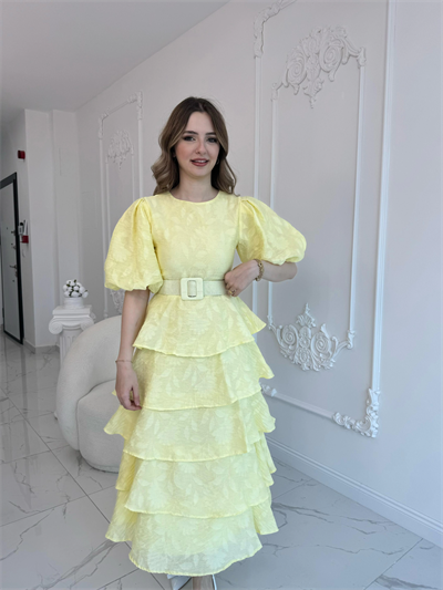 Sarı Kat Kat Balon Kollu Kemerli Elbise