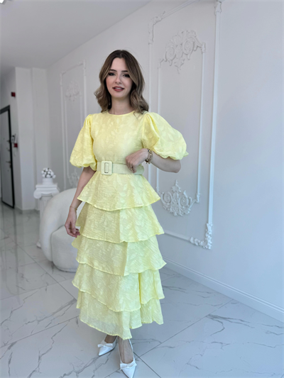 Sarı Kat Kat Balon Kollu Kemerli Elbise